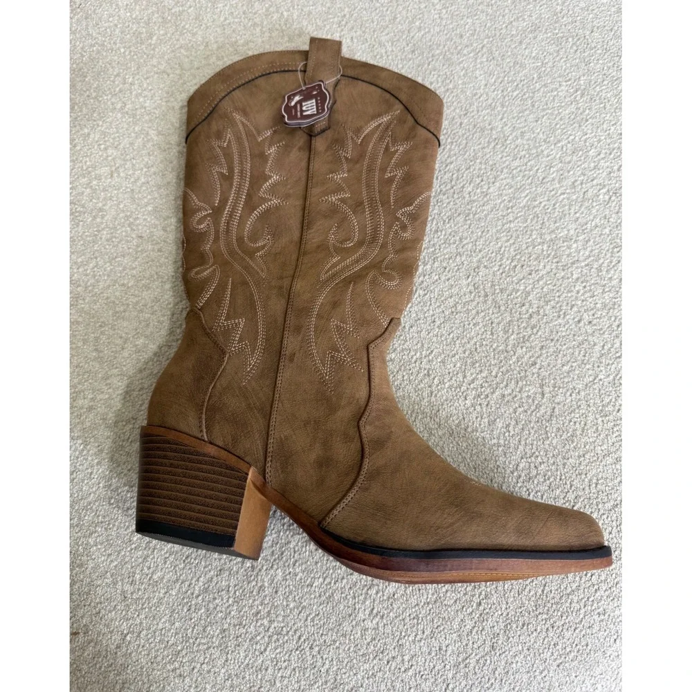 IUV Women's Western Cowboy Boots Taupe Embroidered Mid Calf Block Heel US 8